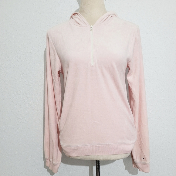 TOMMY HILFIGER Pink Velour Pullover 1/4 Zip Hoodie Sweatshirt Womens Large - Picture 1 of 8